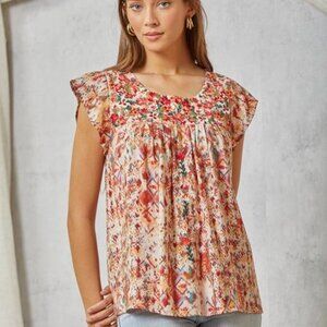 Savanna Jane Artistic Print and Embroidery Blouse - Multi - Curvy Size - 1X